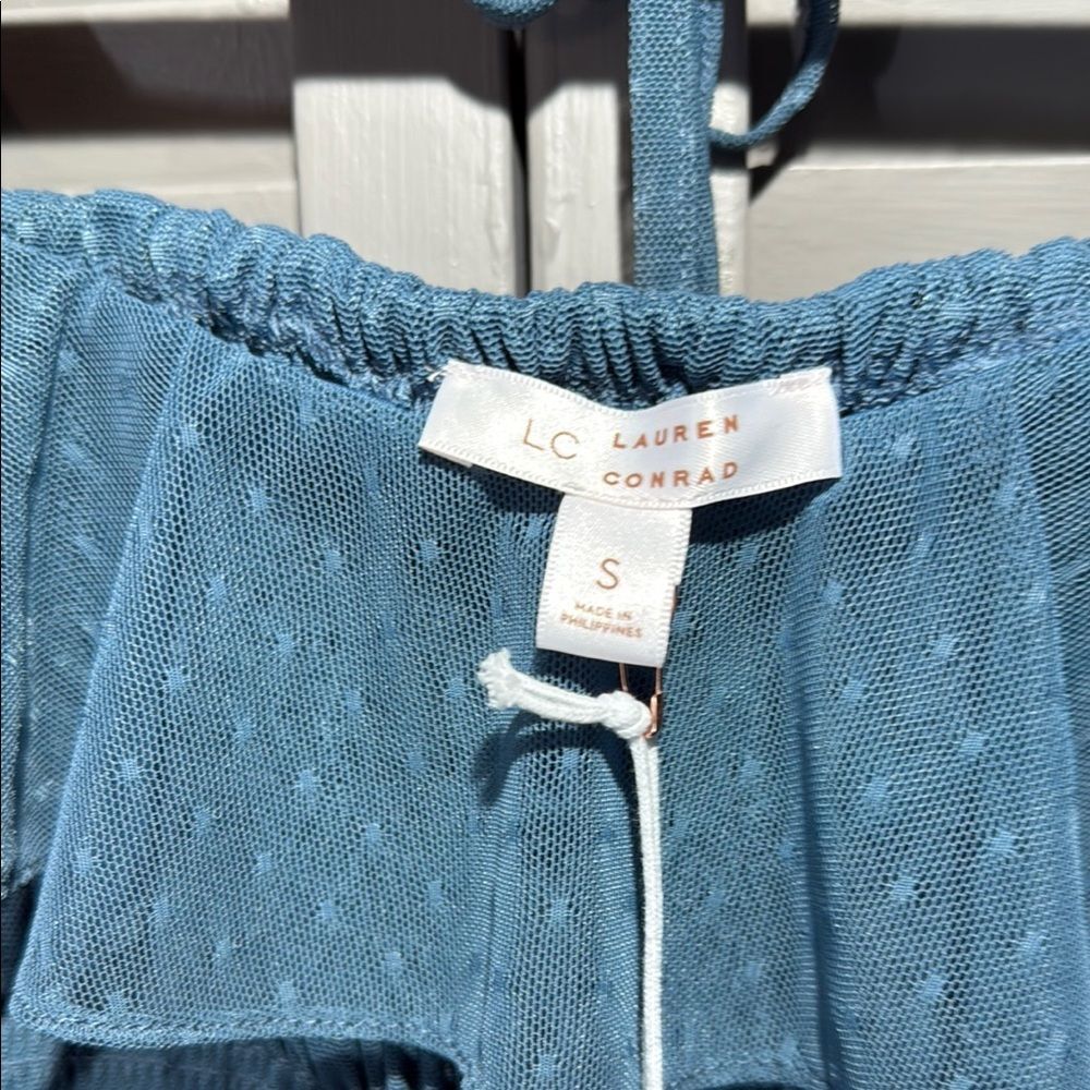 LC Lauren Conrad Blue Puff Sleeve Smocked Blouse - Picture 2 of 10